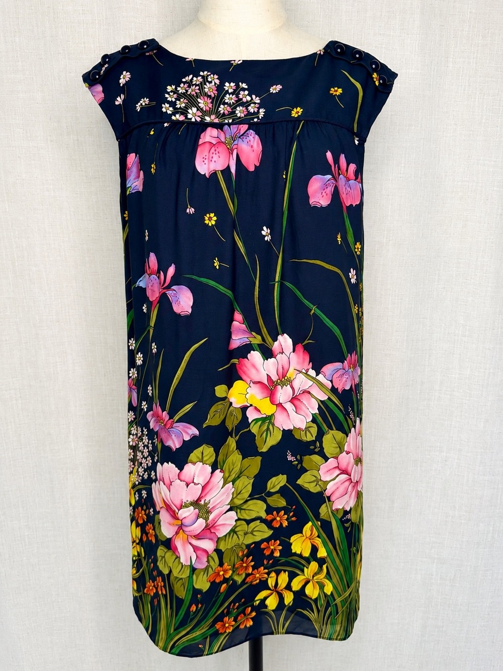 Milly of New York Silk Botanical Floral Shift Dress Navy Pink Size 6